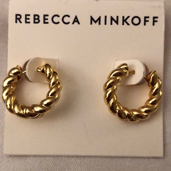 Rebecca Minkoff Shiny Gold Tone Plated Brass Braided Huggie Hoop Earrings NWT - Picture 1 of 12
